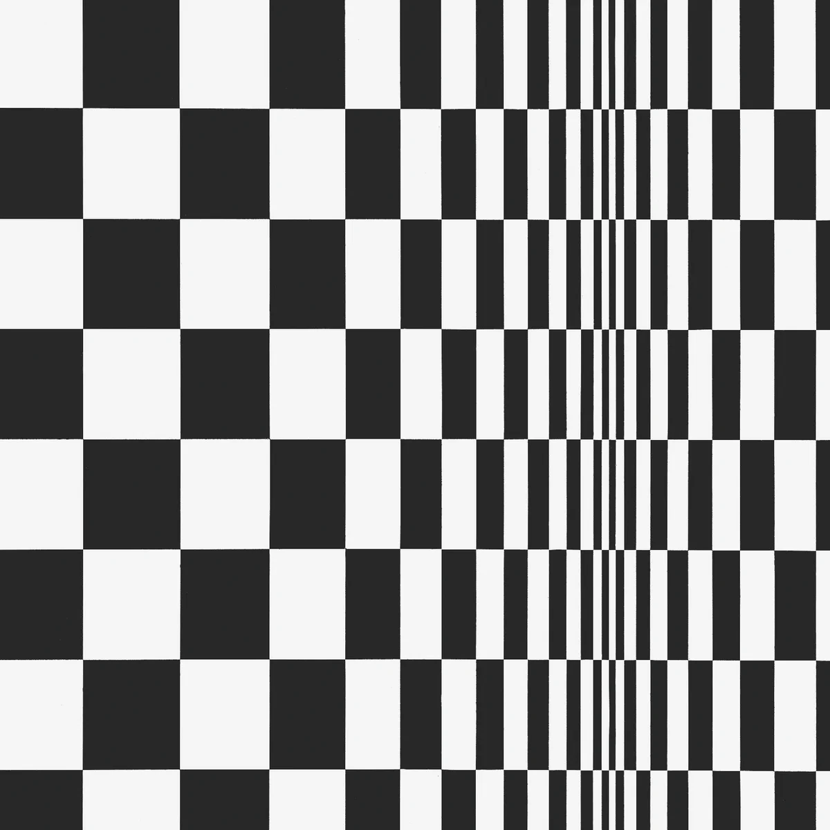 Bridget Riley's Movement in Squares: a black and white checkerboard whose squares narrow towards a vertical line, so that the surface seems to fold