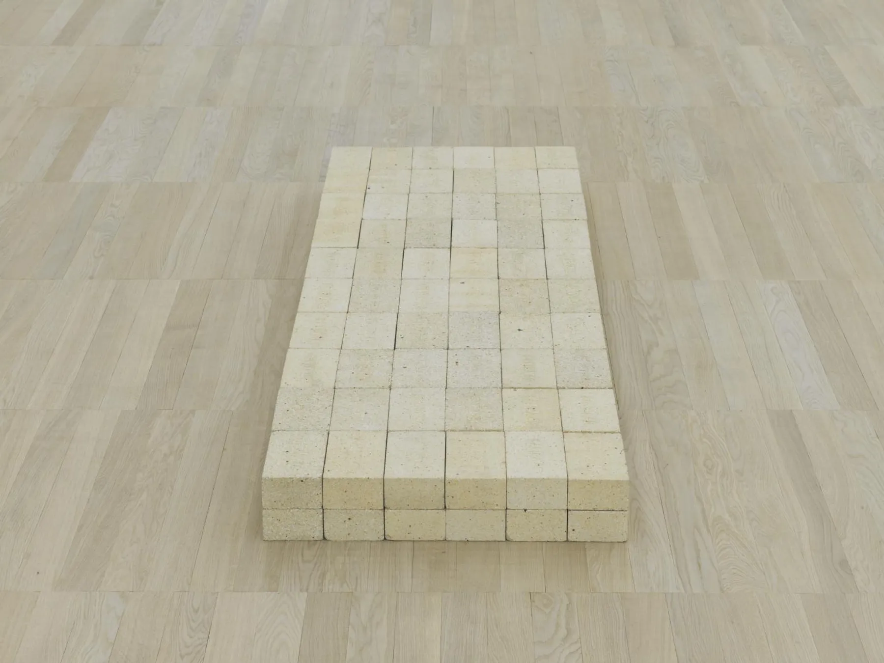 Carl Andre, Equivalent VIII (1966): a rectangular grid of 120 standard firebricks two layers deep, six bricks wide, ten long—occupies the floor like a sarcophagus or sacrificial altar.