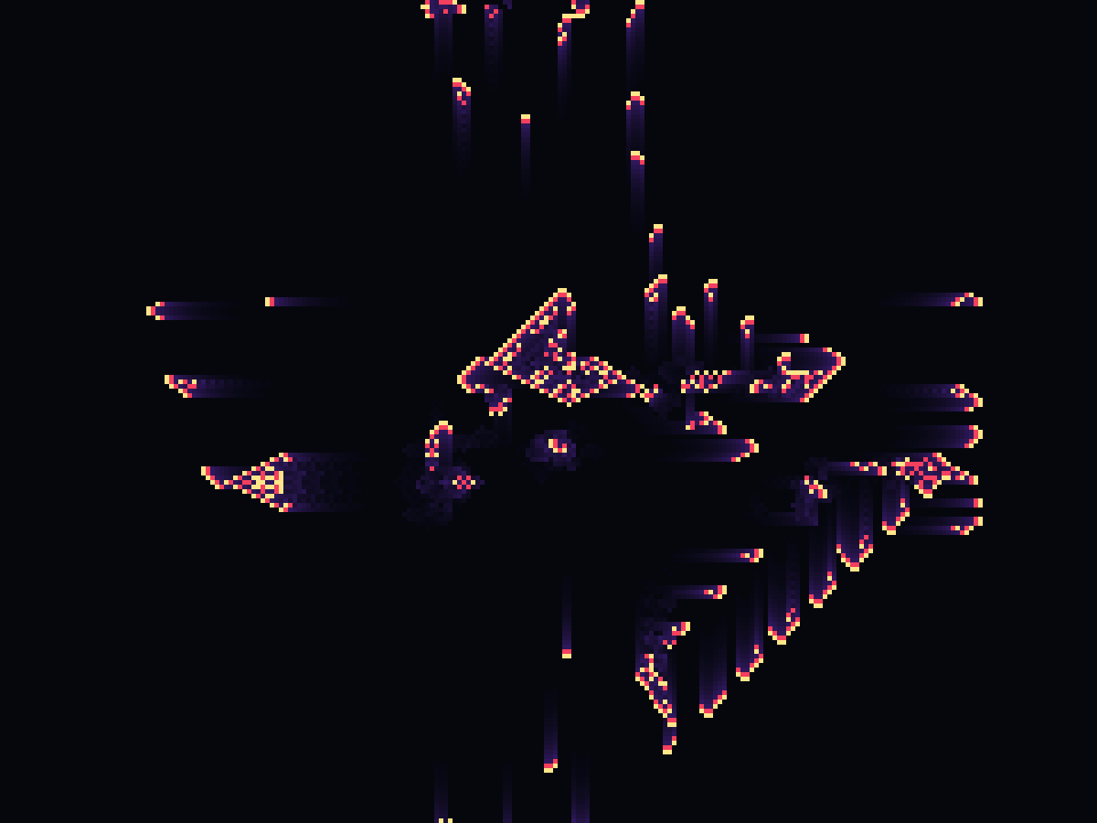 Brian's Brain spreading from a random patch, firing cells in yellow and fading trails in violet