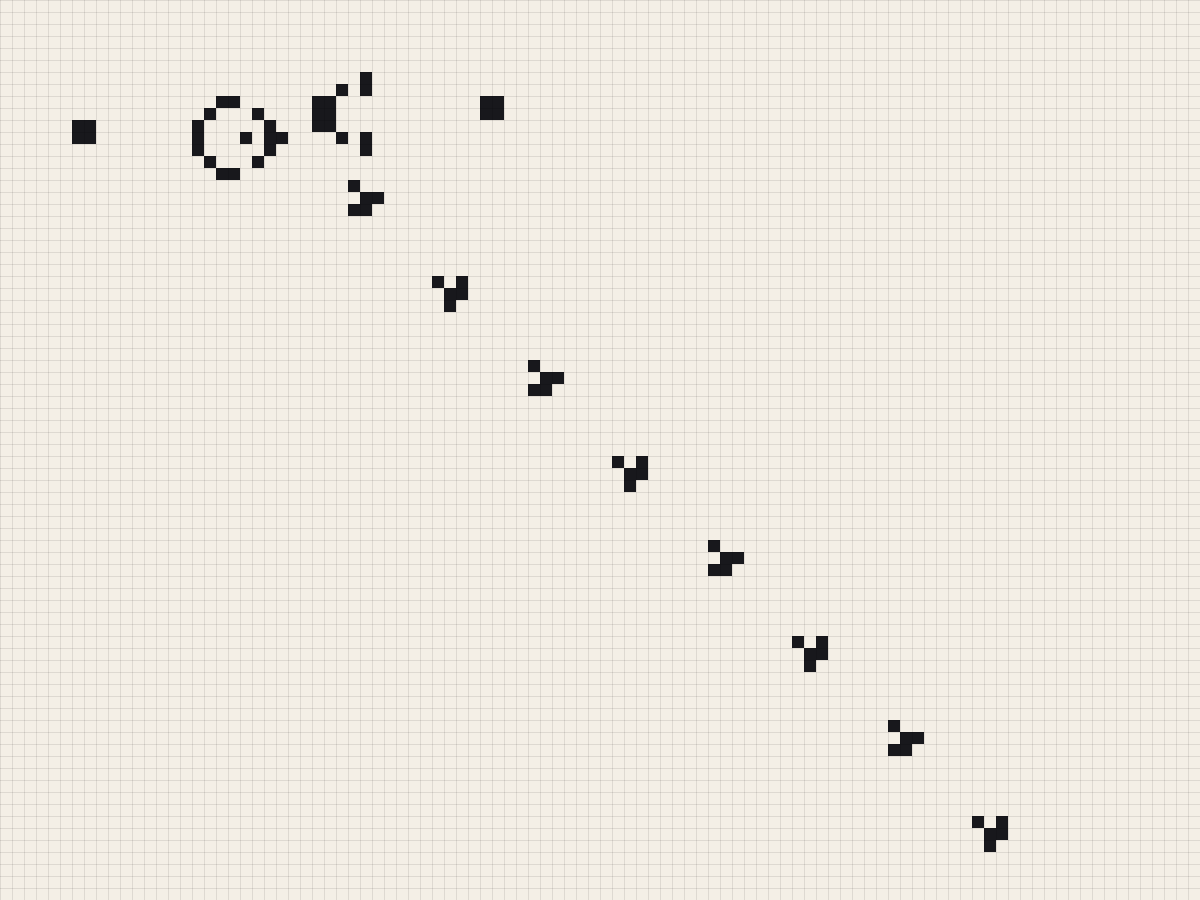 Gosper glider gun in the Game of Life firing a diagonal stream of gliders