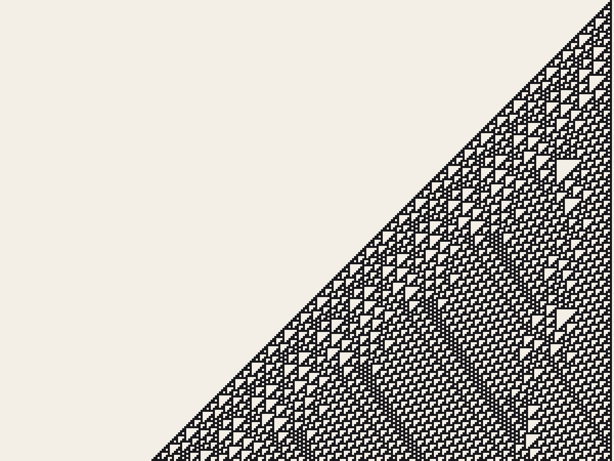 Rule 110 grown from one cell on the right, spreading to the left in nested triangles