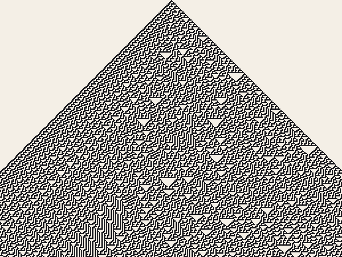Rule 30 triangle grown from a single black cell, chaotic on the right and striped on the left