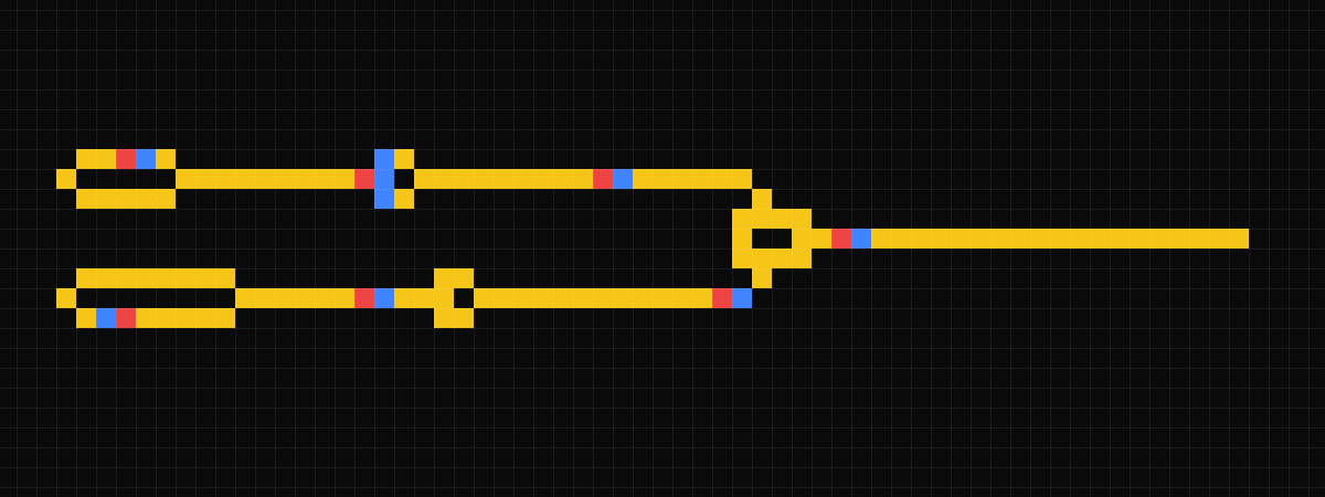 Wireworld circuit with two clock loops, two diodes, and an XOR gate, electrons in blue and red on yellow wire