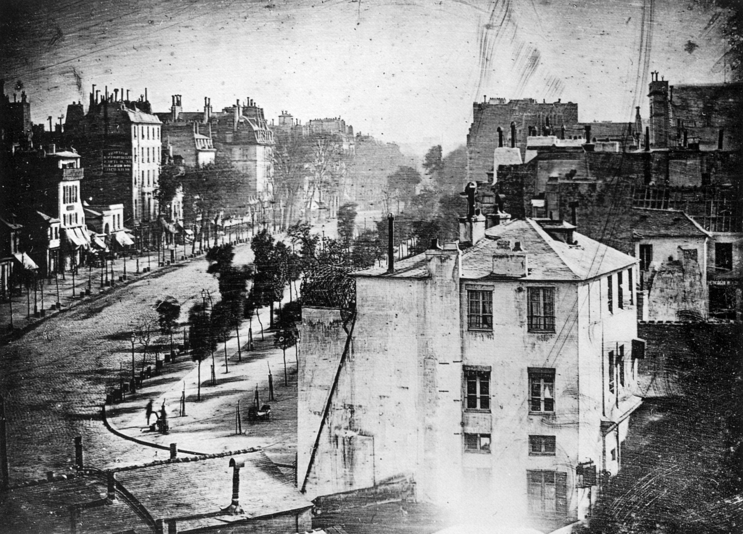 Louis Daguerre, Boulevard du Temple, 1838, one of the first photographs of a person
