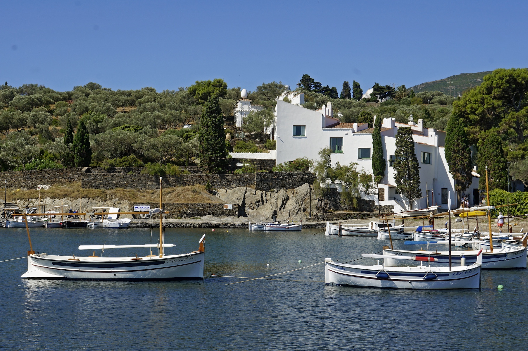 White fishermen's houses joined together above the rocky bay of Portlligat, with large egg sculptures on top