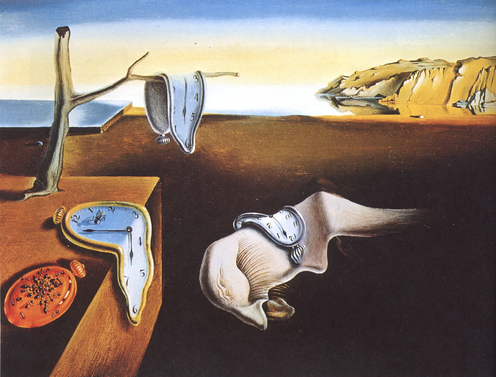 A painting of a woman drooping over a ledge beside a melting watch under a violet dusk sky, made with the PictorX Salvador Dalí filter