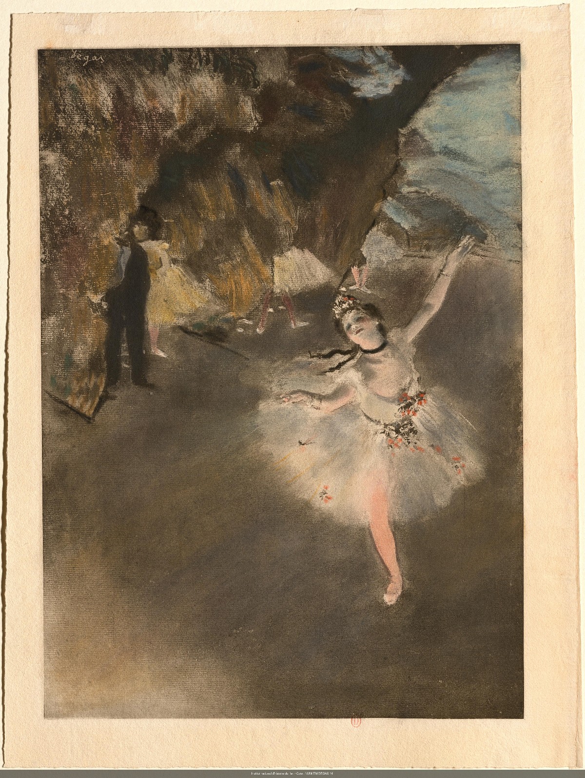 Degas's pastel The Star: a ballerina in a white tutu bowing on stage in the footlights, with other dancers waiting in the wings