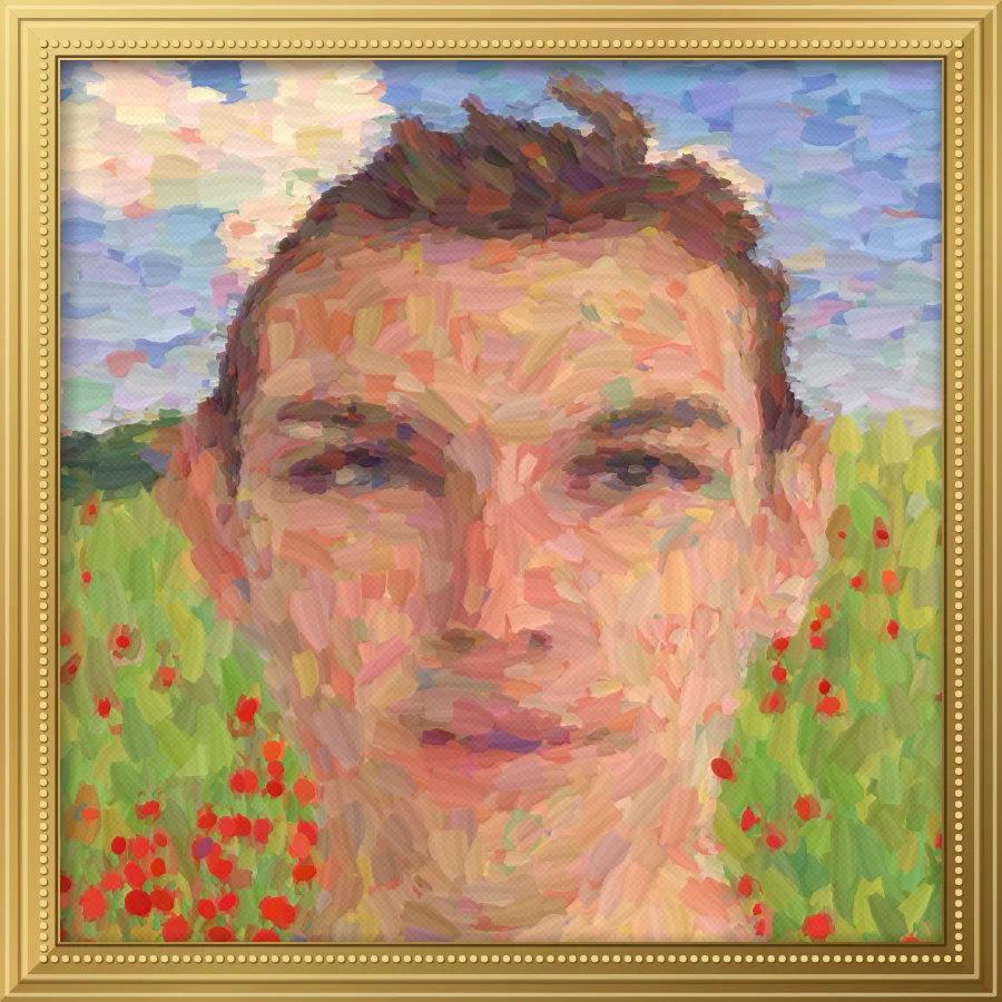 A portrait in front of a poppy field under a warm evening sky, painted in thick dabs of colour in a gilded frame, made with the PictorX Impressionism filter