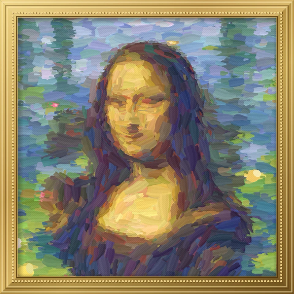 A portrait painted in short, tapered Impressionist brushstrokes in front of a pond of water lilies with pink and white flowers, in a gilded frame, made with the PictorX Impressionism filter