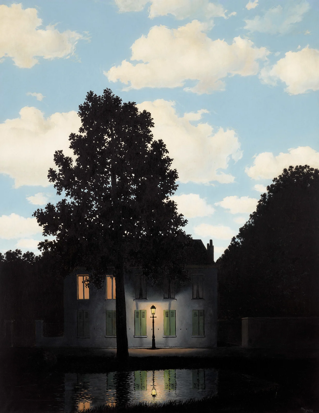 Magritte's The Empire of Light: a dark street with a lit street lamp and windows at night, under a bright blue daytime sky with white clouds