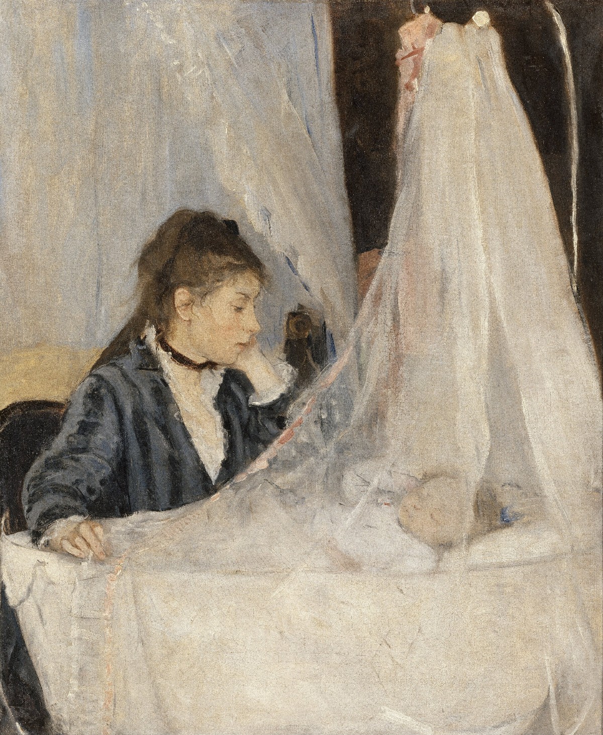 Morisot's The Cradle: a young mother in a dark dress watching her baby sleep behind a sheer white curtain