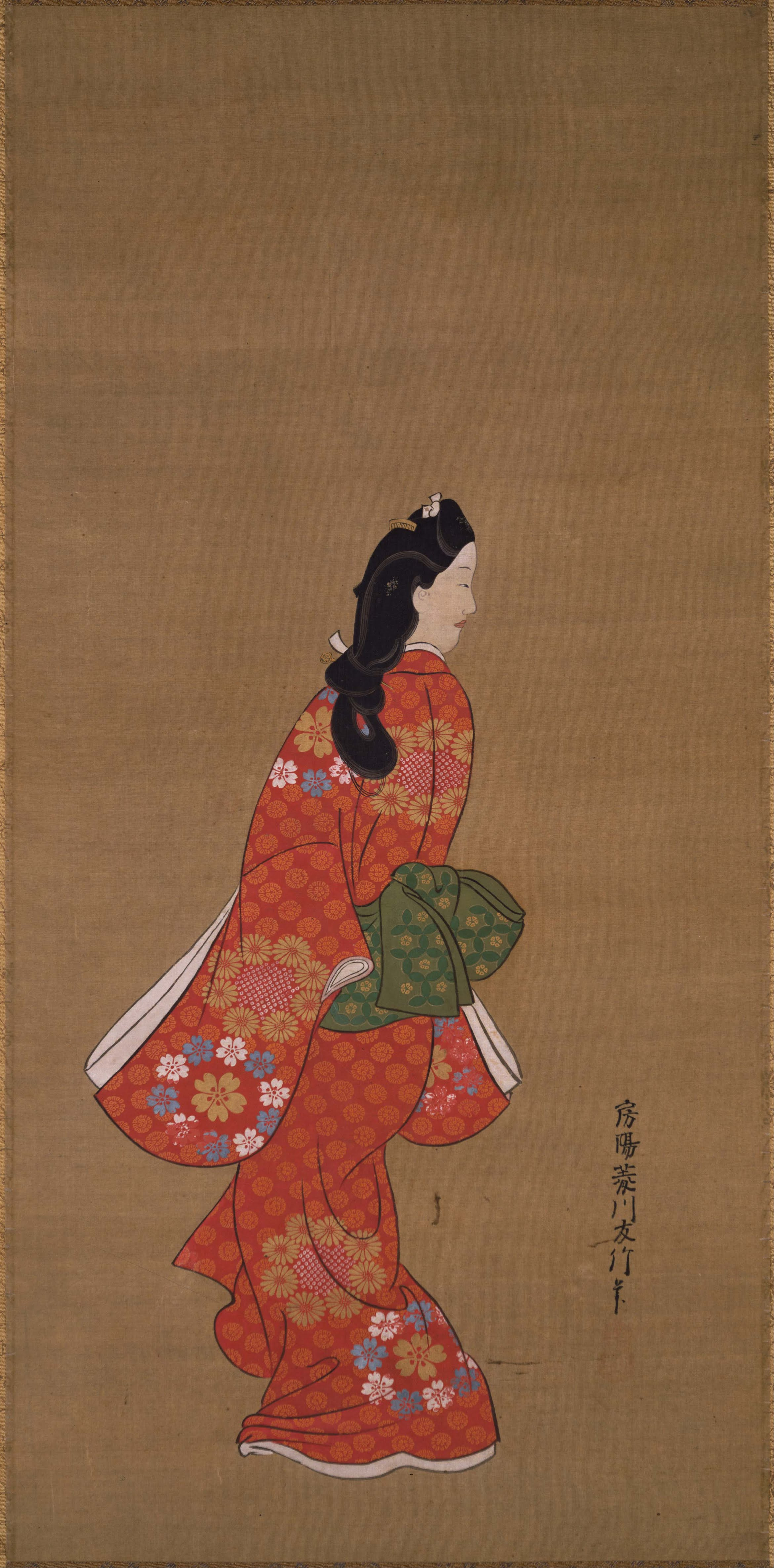 A young woman in a red kimono patterned with flower roundels, glancing back over her shoulder as she walks, on a plain silk ground