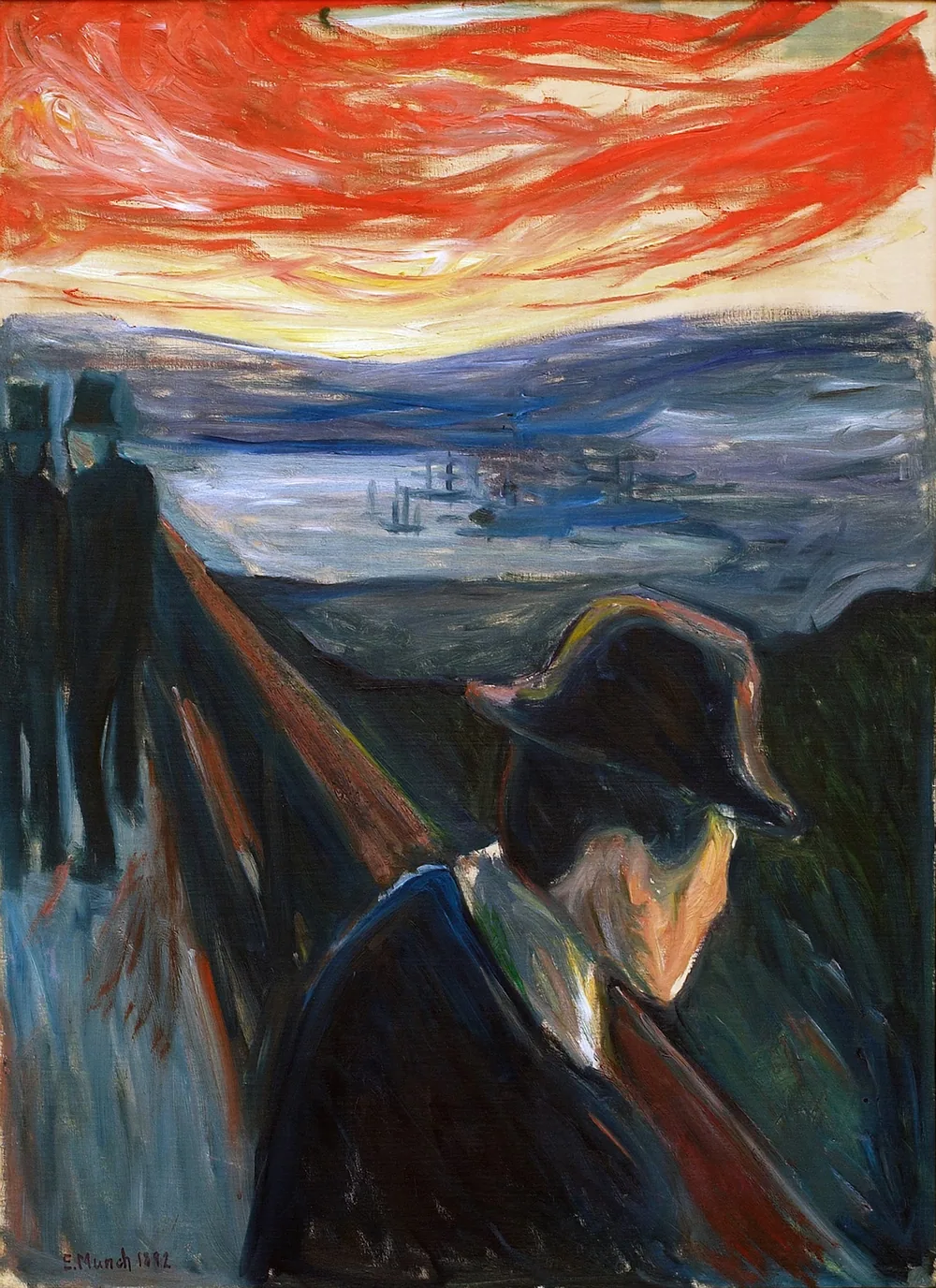 Edvard Munch's Despair (1892): a man in a hat leans over the railing of a bridge under a red sky, while two men walk away along the bridge.