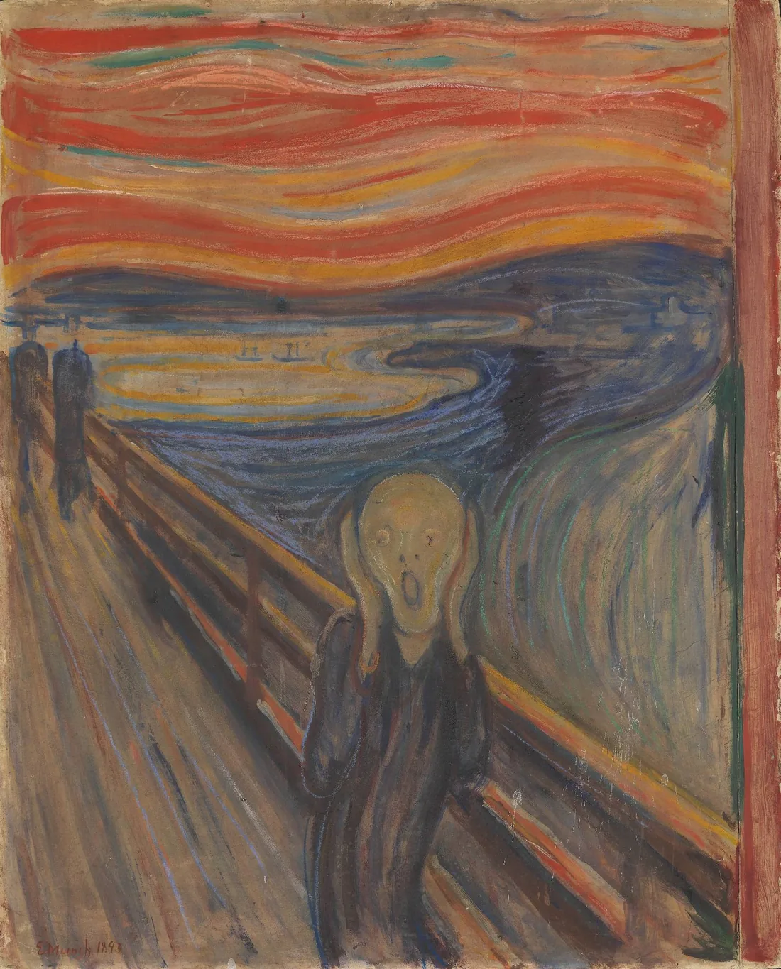 Edvard Munch's The Scream (1893): a figure with a skull-like face holds its head on a bridge under a swirling red and orange sky, beside a blue fjord, while two men walk away behind it.