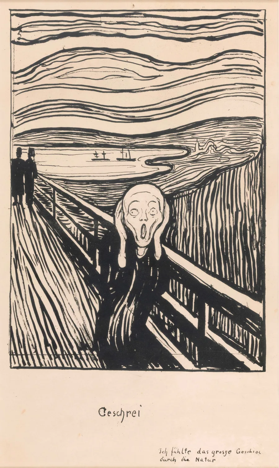 Munch's 1895 lithograph of The Scream in black ink on paper, titled Geschrei, with the words “Ich fühlte das grosse Geschrei durch die Natur” written below.