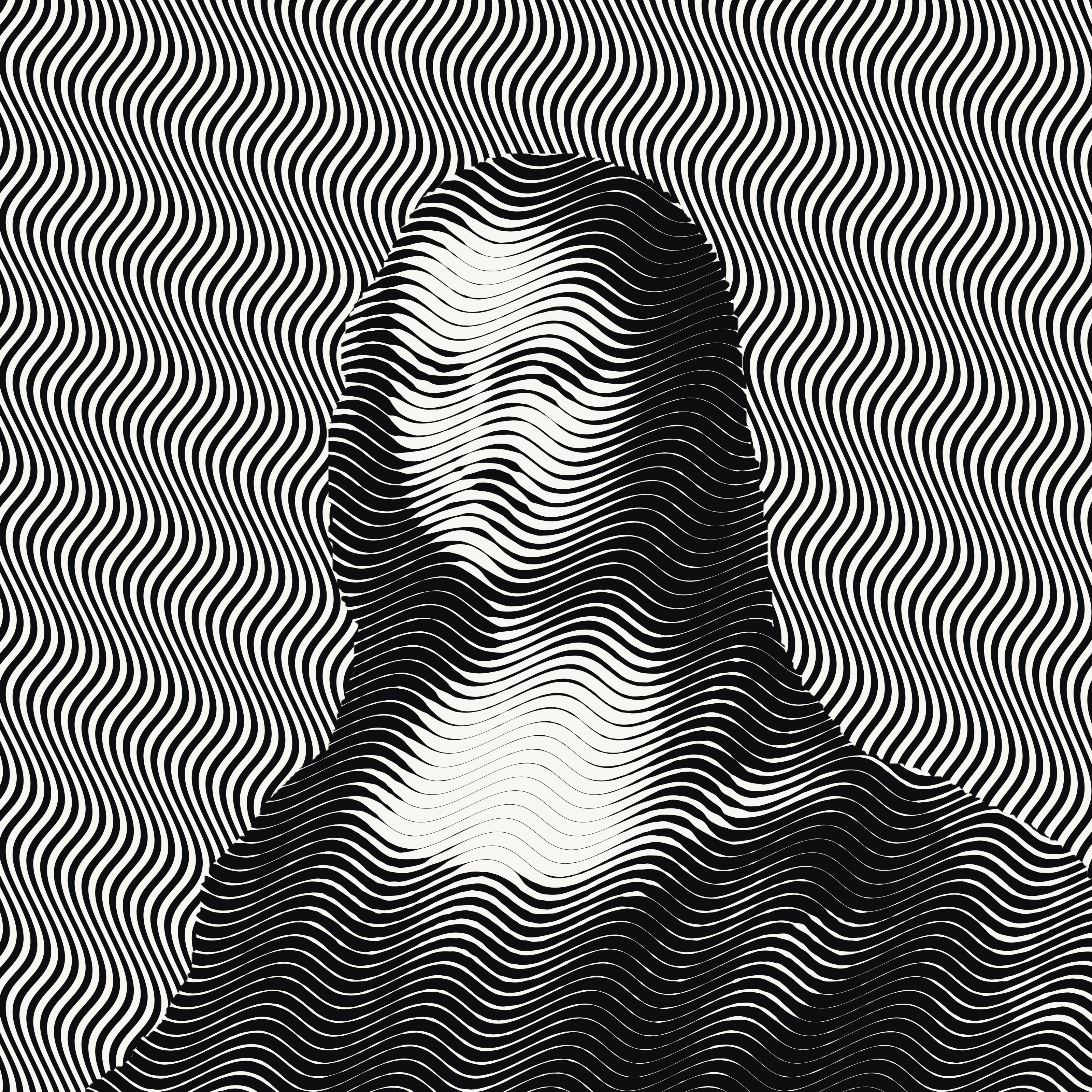 A woman's portrait drawn in wavy black and white lines that stand out from a background of waves running the other way, made with the PictorX Op Art app