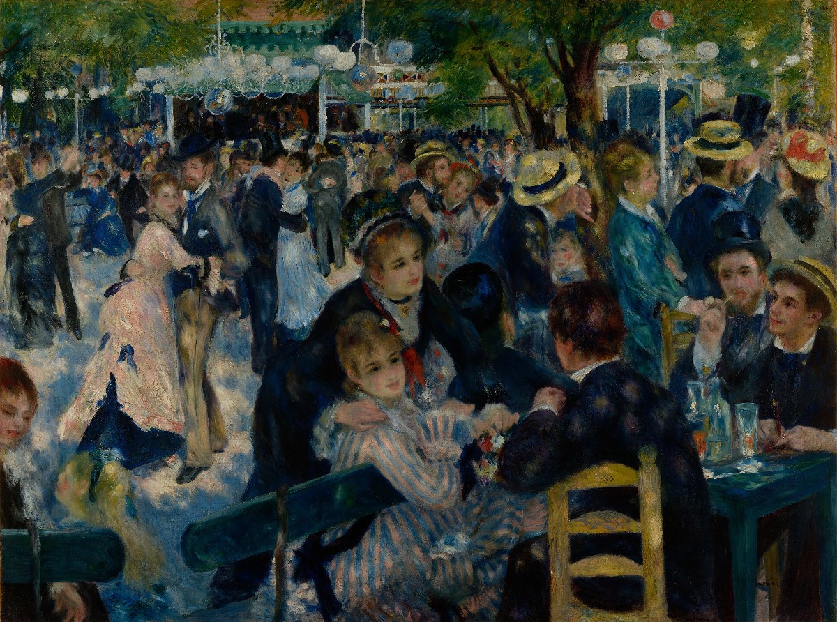 Renoir's Bal du moulin de la Galette: a crowd dancing and talking at an open-air dance hall in Montmartre, with patches of sunlight falling through the trees