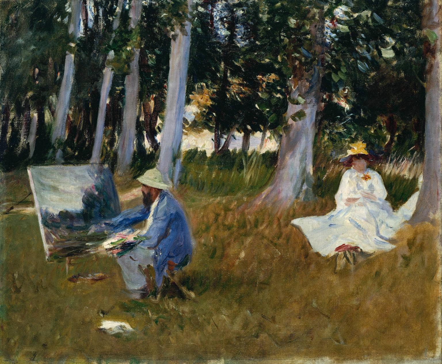 John Singer Sargent's painting of Claude Monet at his easel at the edge of a wood, with a woman seated in the grass behind him