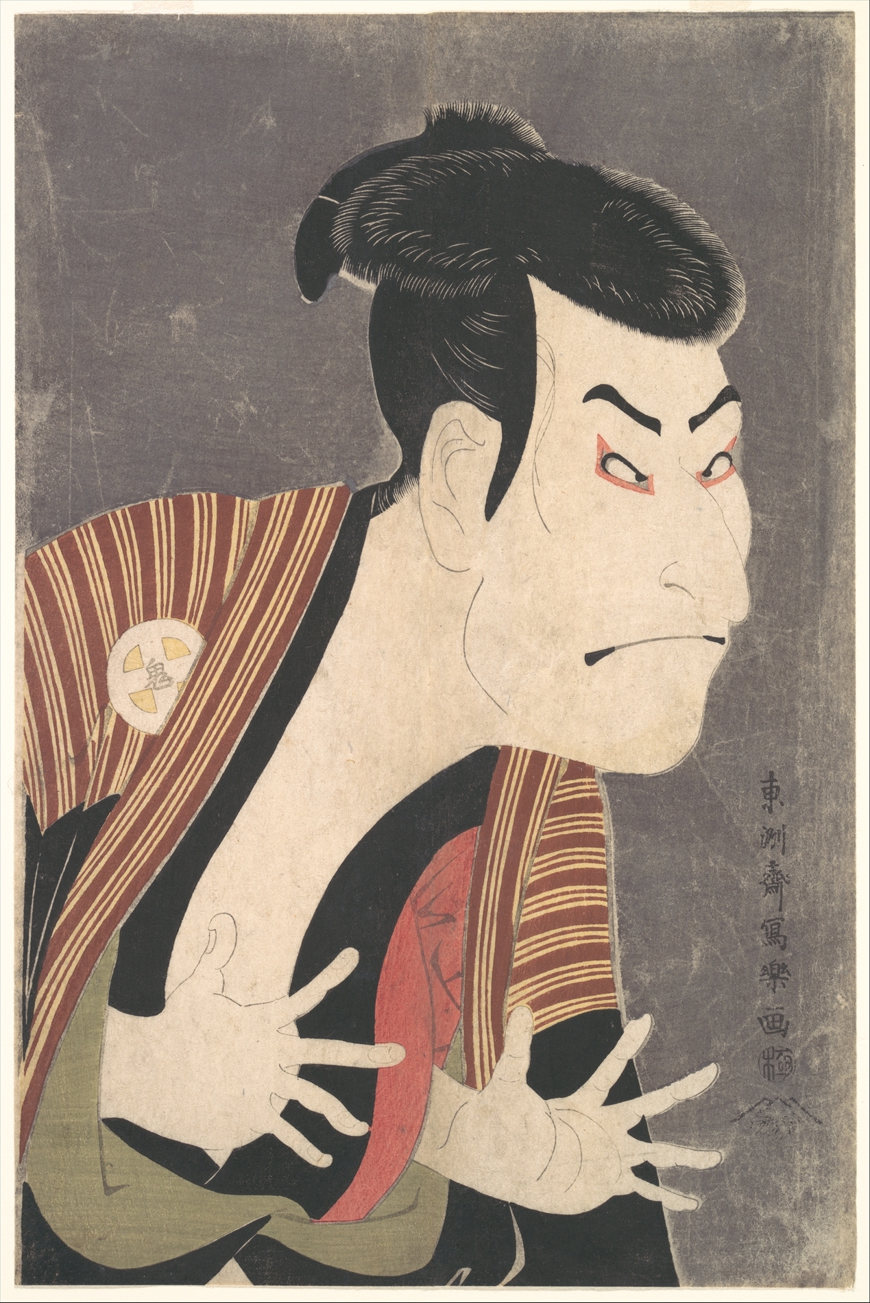 Sharaku's kabuki actor in close-up against a dark, shimmering mica ground, glaring with a grimacing mouth and thrusting his clawed hands out of his black robe