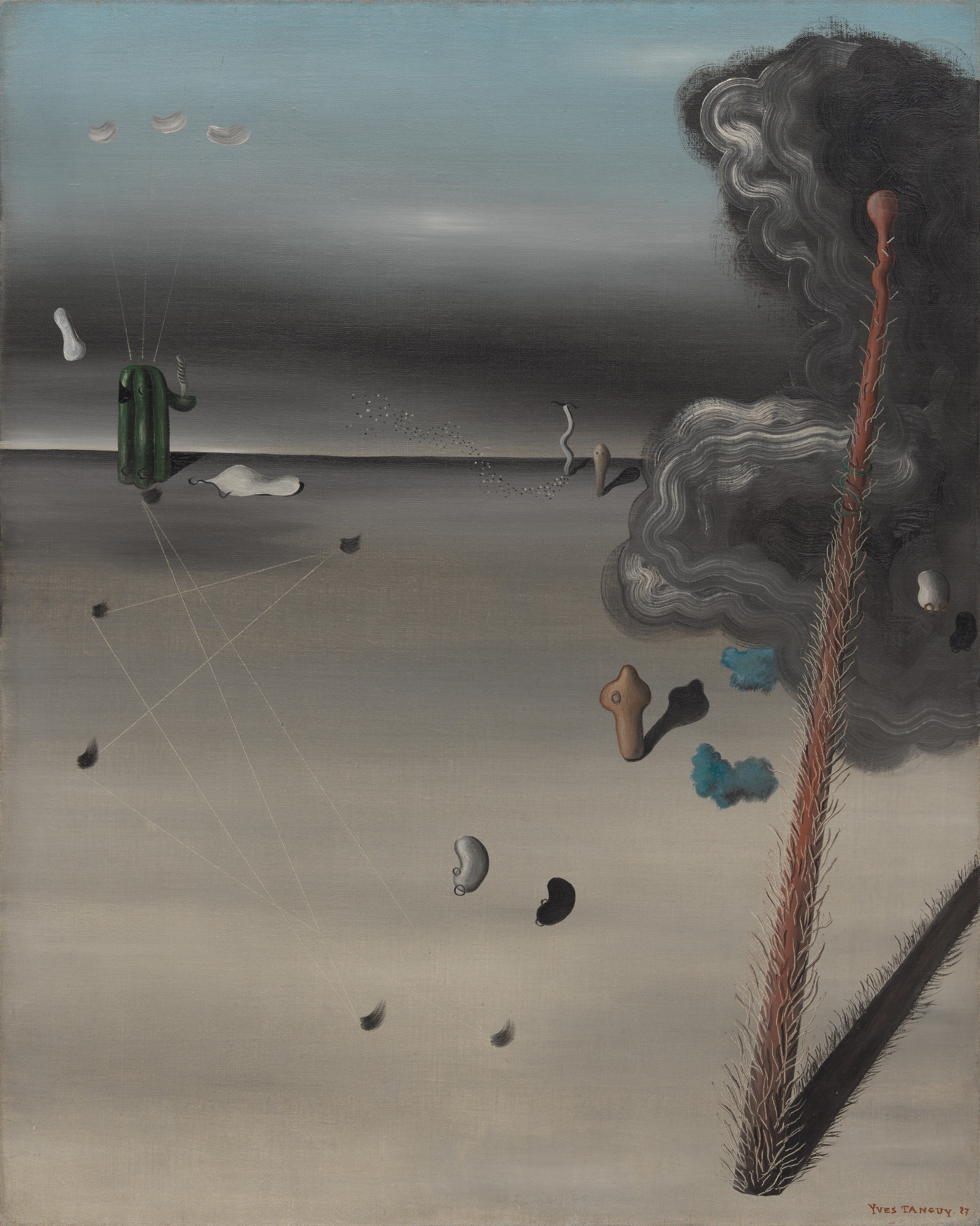 Tanguy's Mama, Papa is Wounded!: a few strange forms—a tall hairy stem, a small flat figure, a puff of smoke—far apart on a dark green-brown plain that fades into a cloudy sky, each with a long shadow