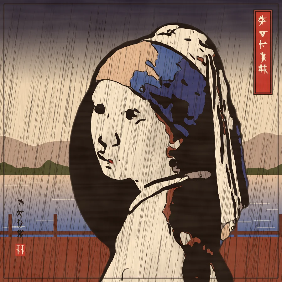 A portrait as a woodblock print in warm sunset tones, with mountains, a lake, a red jetty and fine lines of rain, made with the PictorX Ukiyo-e filter