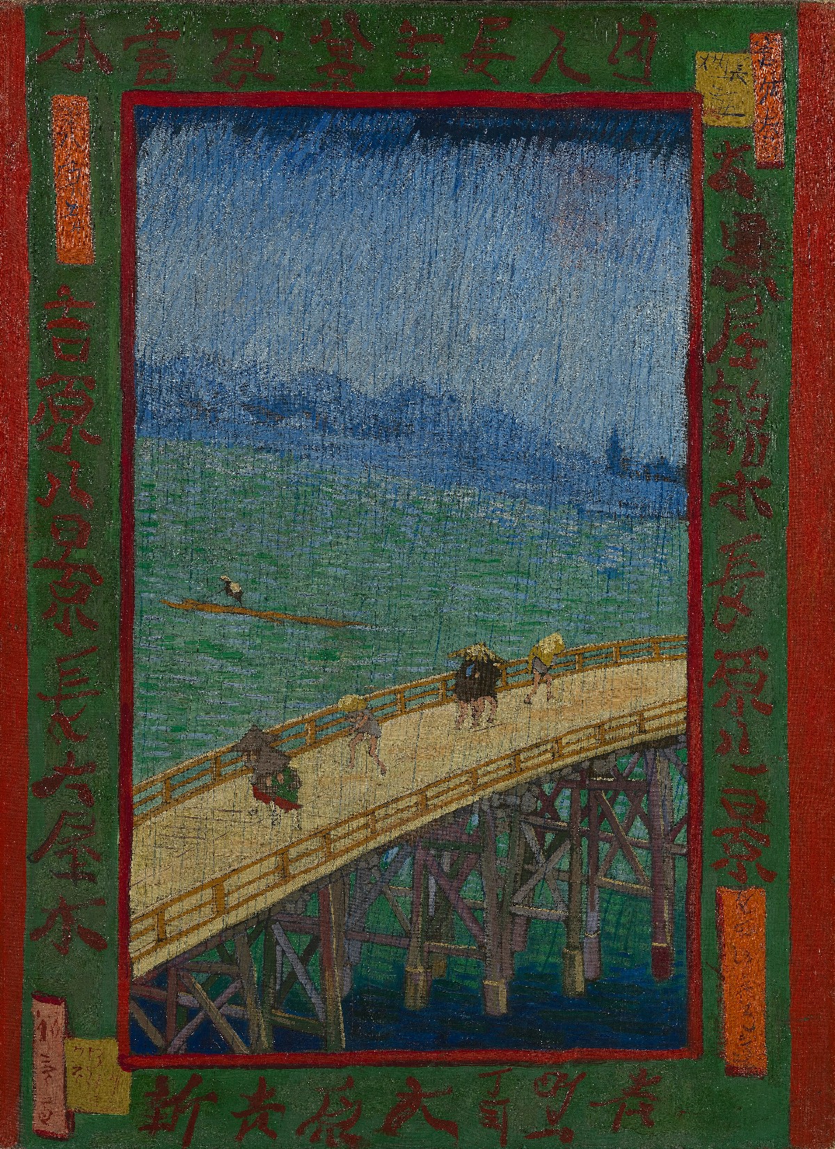 Van Gogh's oil copy of Hiroshige's Sudden Shower: the wooden bridge and dark lines of rain in bright paint, framed by a border of copied Japanese characters
