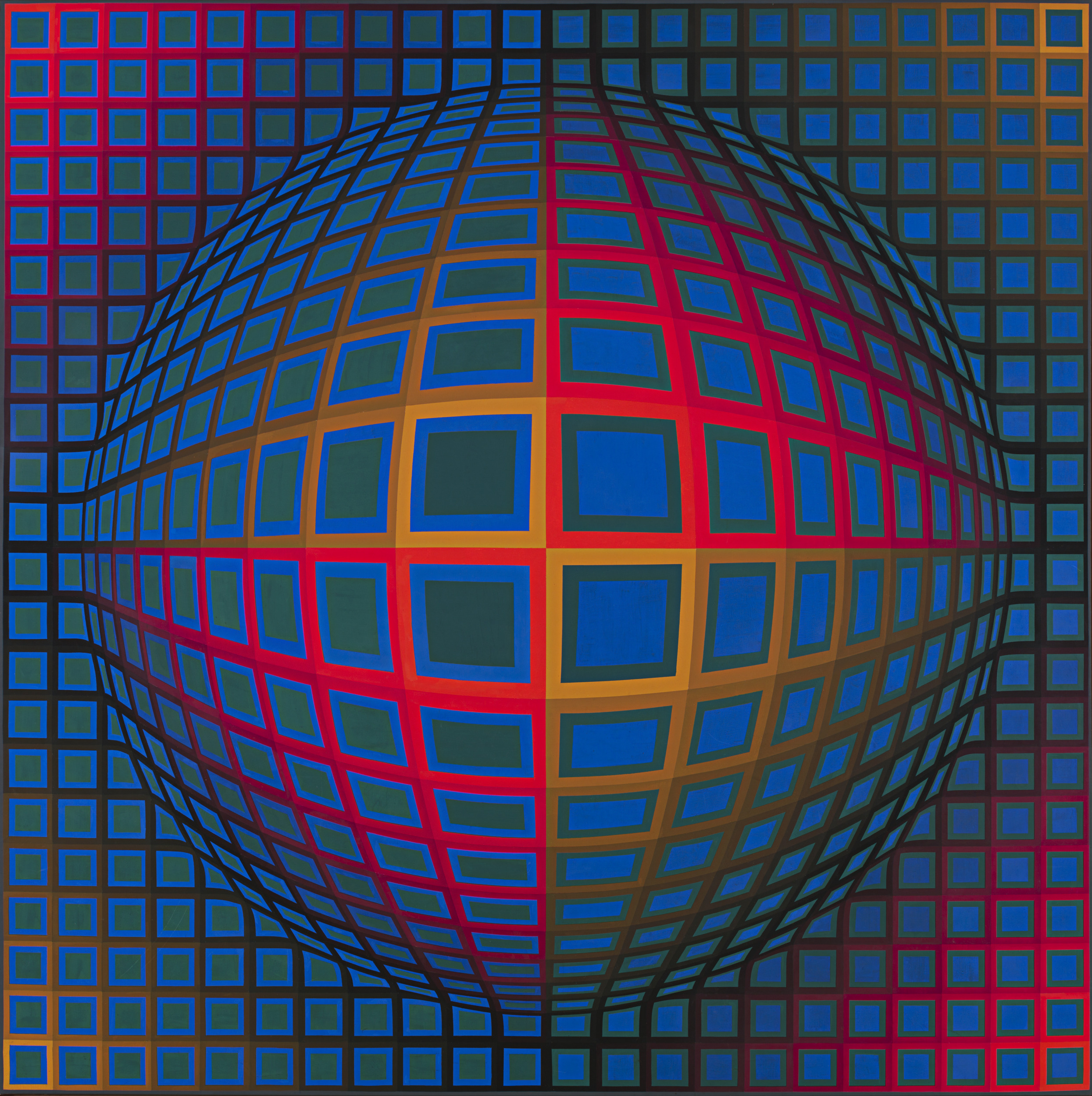 Vasarely's Vega-Nor: a checkerboard of coloured squares and circles that swells towards the centre like a sphere