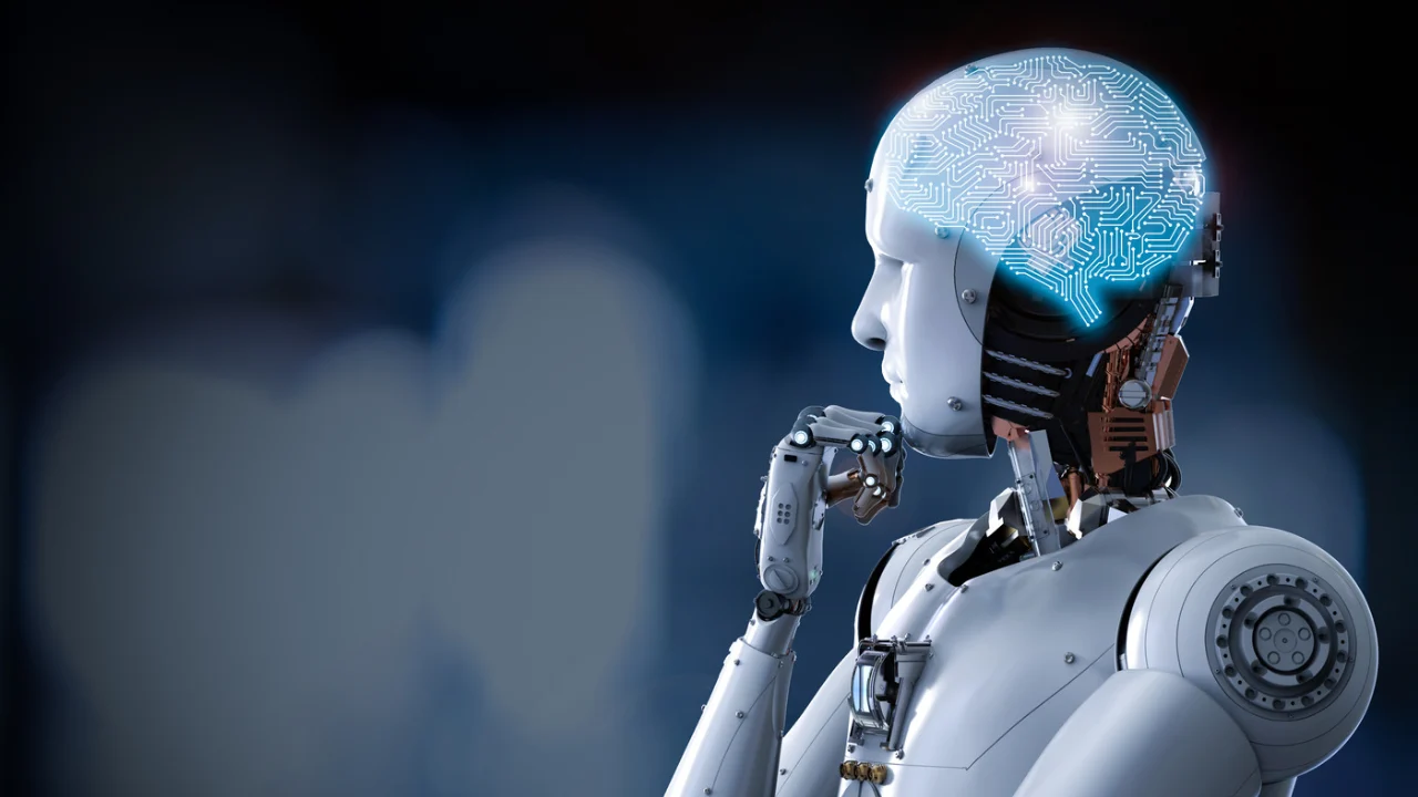 Ilustrasi AI dan robot yang bekerja di komputer