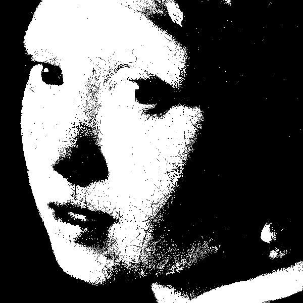 Girl with a Pearl Earring after threshold: two-tone black and white with no gray ramp