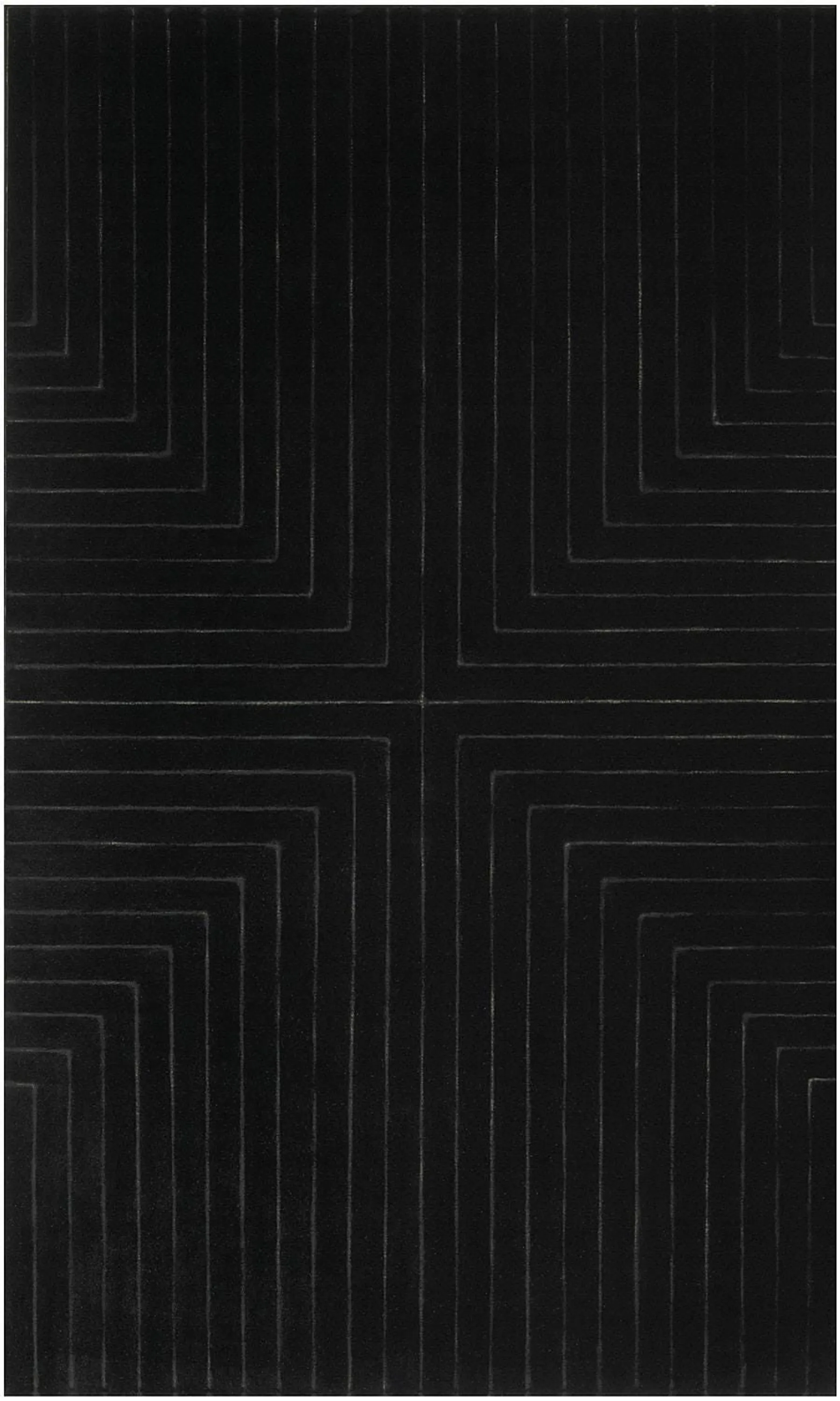 Stella’s 10-foot black canvas, striated with precise white lines.