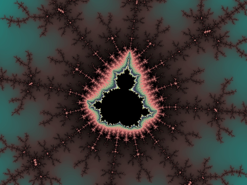 Mandelbrotverzameling met kleurrijke iteratiebanden, weergegeven in PictorX