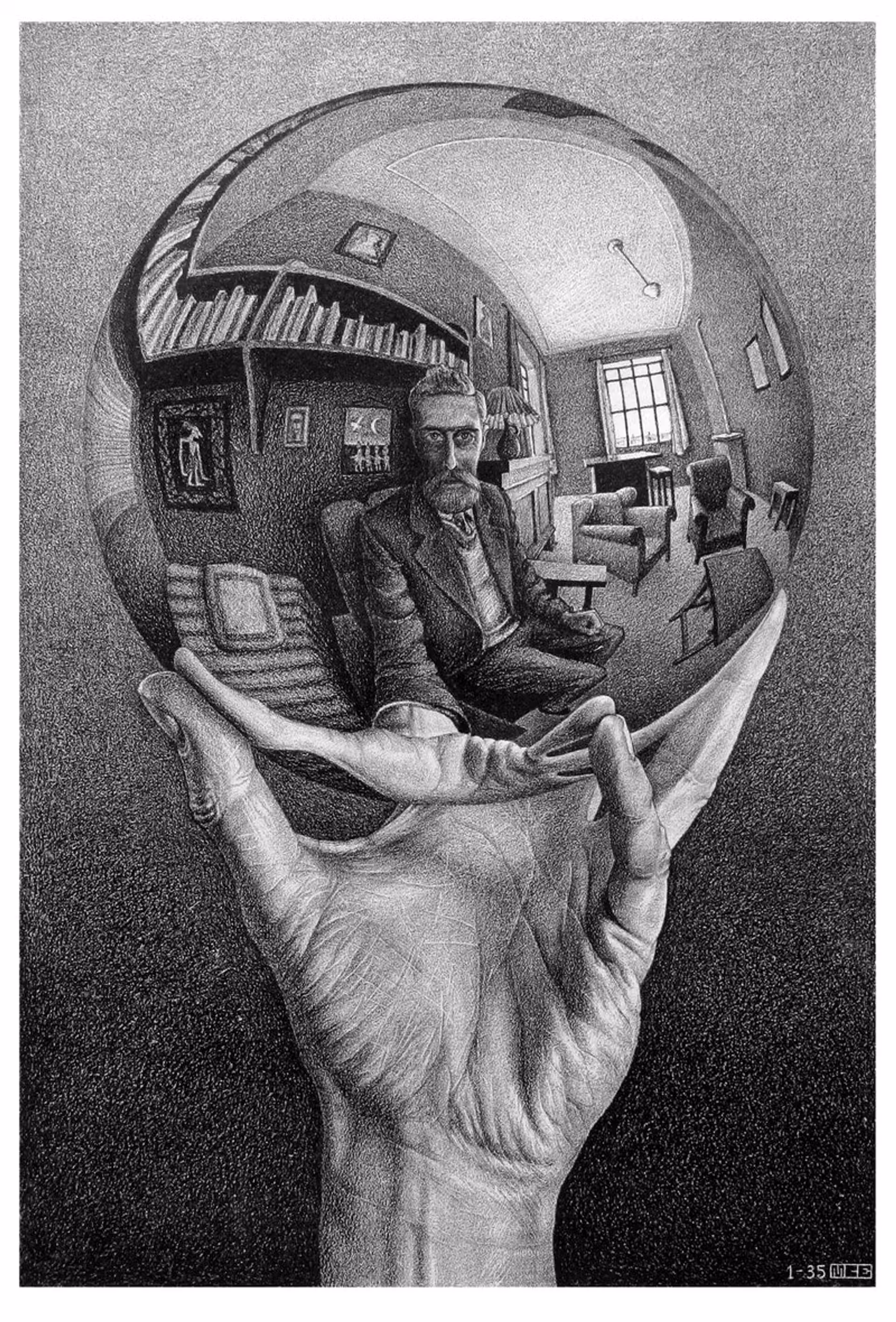 Hand with Reflecting Sphere (Hand met spiegelende bol), a lithograph from January 1935. In this iconic image the artist holds a glass sphere that reflects his entire studio — and himself — in sharp detail.