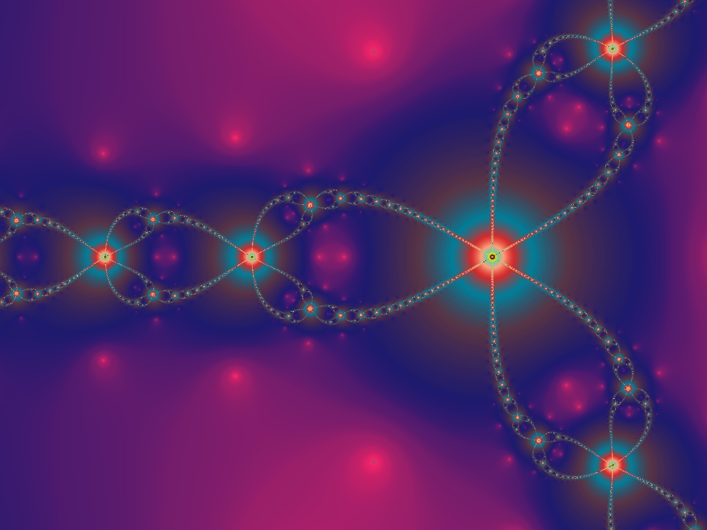 Newtonfractal met gekleurde attractiebekkens, weergegeven in PictorX