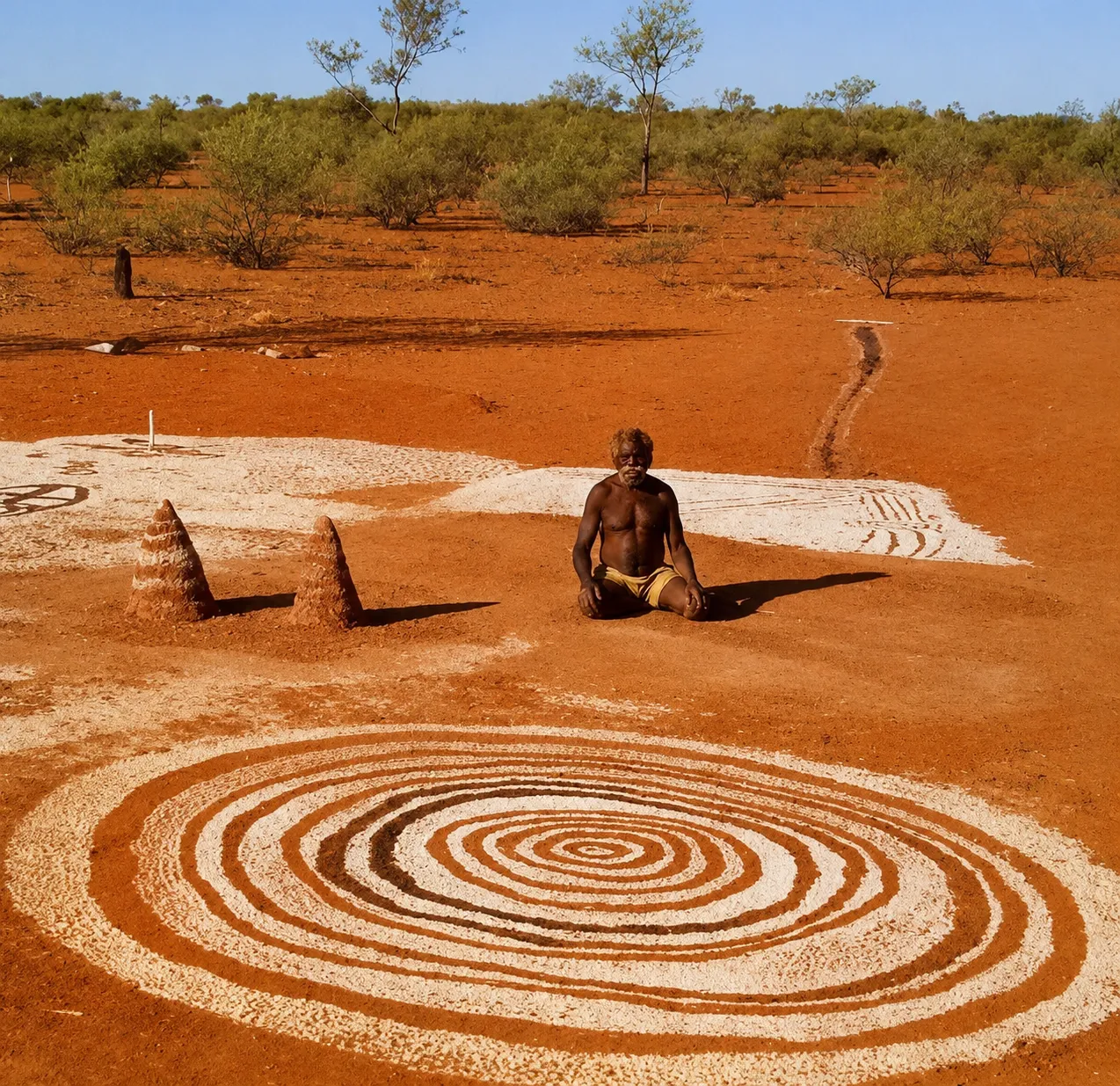 Een Aboriginal man zittend bij een ceremoniële grondschildering in Papunya